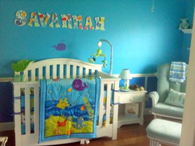 Our Baby Crib With Ocean Wonders Nursery Bedding Custom Ocean Wonders Wall Letters, Bubbles Lamp, Turtle Nightlight Sea Green Glider With SWIM Pillow  