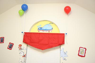 Joshua's Dr. Seuss Nursery Window Treatments - The Balloons Seem to Be Holding the Red Valance in Place!   