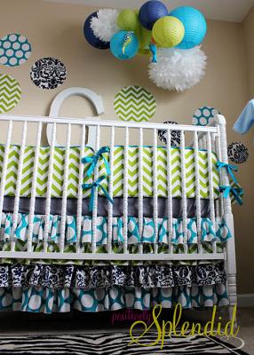 Paper Lanterns, Pom Poms and Polka Dots Custom Fabric Wall Decals Complement the Green and White Chevron Stripes and Black and White Damask Pattern of Amy's Baby Boy's Crib Bedding Set