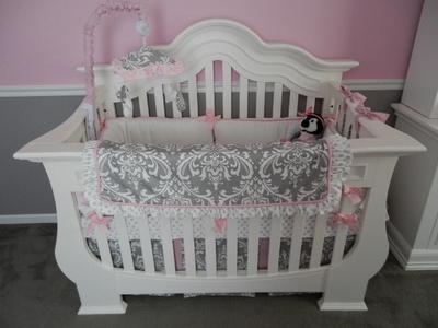 Elegant white pink and gray damask baby crib bedding set for a girl's princess theme nursery room 