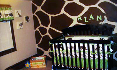 Baby's Safari Theme Nursery with brown and tan, giraffe print wall painting technique.