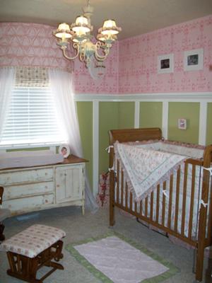 Baby Girl's Pink, Green and White Color Shabby Chic Ballerina Nursery w Damask Wall Paint  Stencil Painting Technique