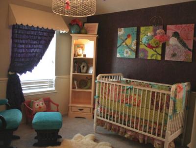 Our Baby Girl's Bold and the Birdy-ful Nursery Decor w Bird Prints and Custom Baby Bedding Sewn from Amy Butler Fabrics