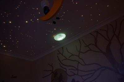 Under the stars theme baby nursery ceiling featuring a realistic view of a night sky created with Starscape fiber optic lights