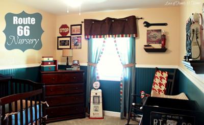 This baby boy's nursery room is decorated with vintage car license plates and a collection of Americana in a Route 66 theme in a very attractive masculine color scheme that moms and dads will love.