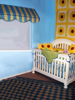 Yellow and Blue Baby Bedding and a Vintage Sunflower Quilt  Adds a Touch of Tuscany to this baby nursery's interior design 