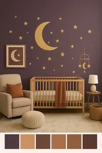 celestial moon and stars nursery decor dark plum and gold color palette