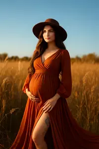 Autumn maternity photoshoot ideas for fall in a rust dress with leg tattoo slit in a field 