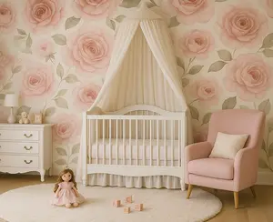 Elegant baby girl nursery with a bold pink rose wall, canopy crib, blush chair, and princess dolls in pink dresses