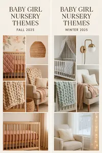 Baby girl nursery moodboard for Fall and Winter 2025 featuring warm Mocha Mousse tones, cozy knits, rattan decor, and elegant winter neutrals in a split seasonal layout