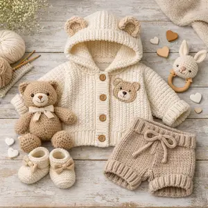 Hand knit baby bunny teething ring cardigan booties and shorts in a neutral newborn knitting project