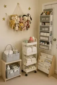 Baby room organization ideas showing a cozy nursery with a macramé toy hammock, rolling diaper caddy, felt organizers, and a book rack in warm neutral tones.