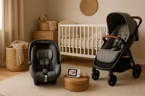 Warm, cozy nursery with baby safety gear essentials including stroller, car seat, and monitor