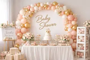 Elegant blush pink ivory white and gold baby shower decorations with balloons, dessert table, backdrop, and coordinated party decor