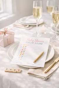 baby shower emoji game printable with guests playing and laughing at a decorated table