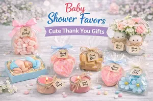 Cute baby shower favors arranged on a decorated table with small thank you gifts for guests