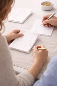 Baby shower games printable cards arranged on a party table with soft pastel baby shower decorations