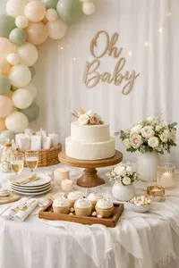 Modern baby shower ideas featuring a neutral table setup with soft colors, simple decor, and elegant details