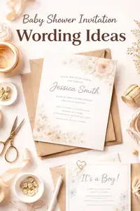 Baby shower invitation wording ideas shown with soft neutral invitation stationery and envelopes
