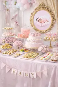 aby girl shower menu table with finger foods, sandwiches, fruit, cupcakes, and drinks arranged for a pretty party