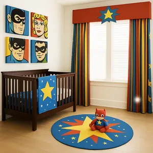 modern baby superhero nursery with Superman and Batman comic art wall and handmade bedding