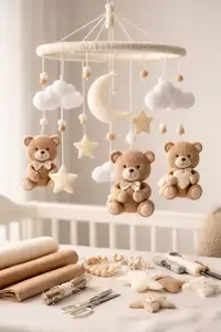 Bear crib mobile with soft teddy bears in a cozy nursery