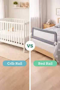 Comparison image showing a crib with fixed rails versus a toddler bed rail attached to a standard bed