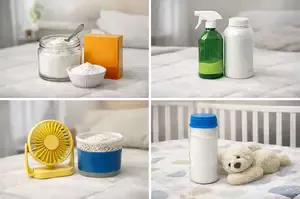 Open box of baking soda and mattress deodorizing setup on a bed