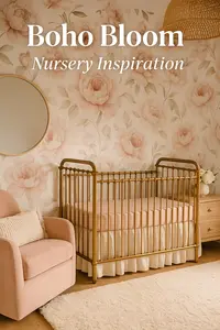 Boho baby girl nursery with blush pink and ivory white floral wallpaper, burnished gold crib, rattan chair, and soft natural light.