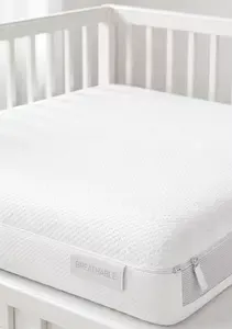 Breathable crib mattress inside a modern crib in a softly styled nursery