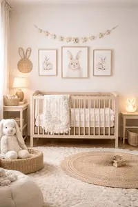 Bunny nursery accessories styled in a soft neutral baby room with plush rabbits, wall art, and gentle pastel accents
