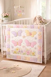 butterfly crib quilt pattern displayed on crib in soft pastel nursery
