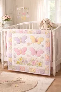 butterfly crib quilt pattern displayed on crib in soft pastel nursery