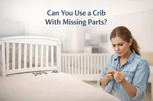 Parent examining crib bolts beside a partially assembled white baby crib in a calm nursery setting