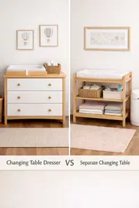Nursery with a changing table dresser combo on one side and a separate changing table on the other for comparison