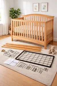 Childcraft crib with replacement parts including side rails and mattress support hardware
