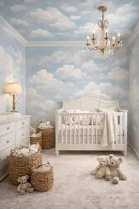 Cloud mural painted on a baby nursery wall and ceiling with soft blue sky and white clouds