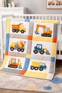Construction truck quilt pattern in crib size with appliqué dump truck, excavator, and bulldozer blocks in a baby boy nursery
