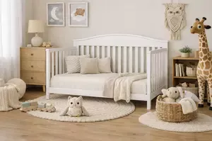 Convertible crib set up in a modern nursery showing crib-to-toddler bed style
