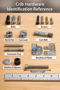Crib hardware identification reference with labeled bolts, screws, washers, and brackets on a clean tabletop