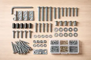 Crib hardware kits with replacement screws, bolts, washers, and brackets laid out for crib repair