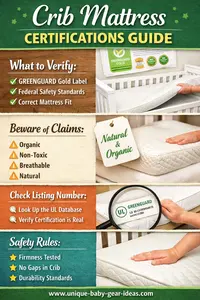Crib mattress certifications guide showing nursery mattress labels and safety standards parents compare