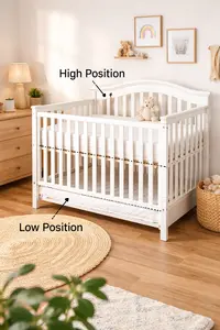 Crib mattress height adjustment showing raised and lowered mattress positions inside a baby crib