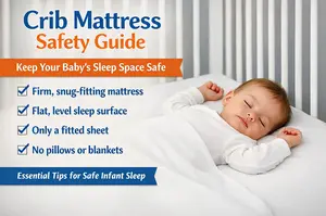 Safe crib mattress setup showing a firm tight-fitting mattress in a baby crib with no loose bedding