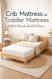 Crib mattress vs toddler mattress shown in a soft neutral toddler room with a low toddler bed and standard crib mattress fit
