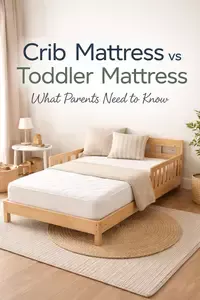 Crib mattress vs toddler mattress shown in a soft neutral toddler room with a low toddler bed and standard crib mattress fit