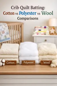 Cotton, polyester, and wool crib quilt batting shown side by side in a nursery setting