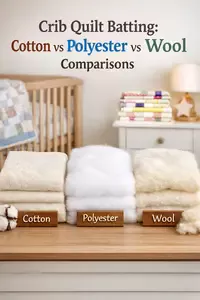 Cotton, polyester, and wool crib quilt batting shown side by side in a nursery setting