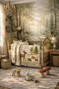 Crib quilt size (standard dimensions) shown with a soft woodland floral crib quilt in a nursery setting