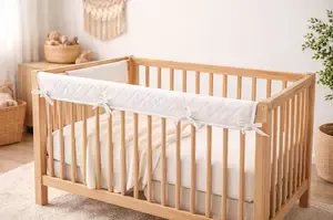 Crib rail covers shown on a wooden baby crib with a simple neutral nursery setup